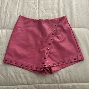 Pink Faux Leather Embellished Skort With Studs